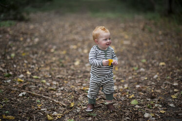 Niedlicher kleiner Junge hält ein Blatt und schaut in den Park - CAVF50871