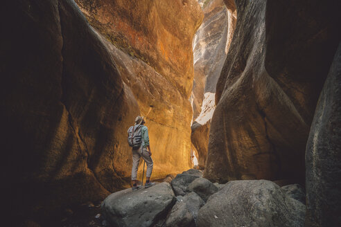 Rear view of female hiker with backpack standing on rocks - CAVF50886