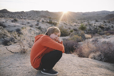 Porträt eines Jungen, der auf einer Felsformation im Joshua Tree National Park hockt, gegen den Himmel bei Sonnenuntergang - CAVF50925