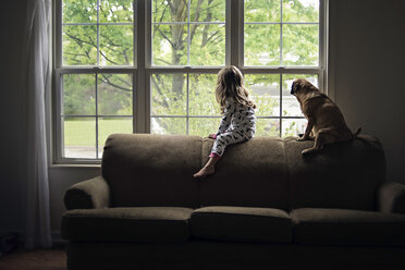 Seitenansicht von Mädchen und Hund, die durch das Fenster schauen, während sie zu Hause auf dem Sofa sitzen - CAVF50985