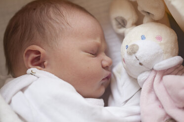 Sleeping baby girl with toy bunny - JLOF00240