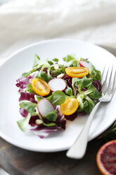 High angle view of salad served in plate on cutting board - CAVF51282