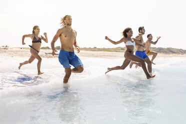 Eine Gruppe von Freunden, die am Strand Spaß haben und ins Wasser laufen - WPEF01052