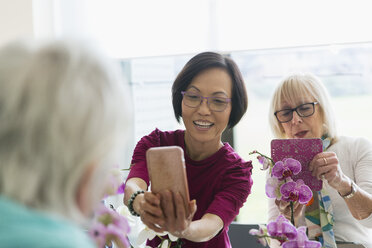 Aktive Seniorinnen mit Fotohandy beim Fotografieren von Orchideen im Blumenbindekurs - CAIF22166