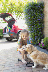 Girl giving treat to dog in driveway - CAIF22206