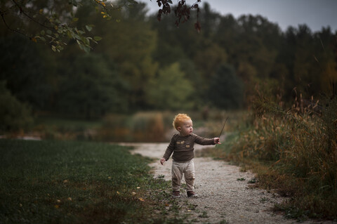 Kleiner Junge hält Stock, während er im Park steht, lizenzfreies Stockfoto
