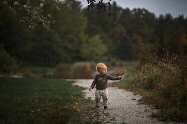 Baby boy holding stick while standing at park - CAVF51562