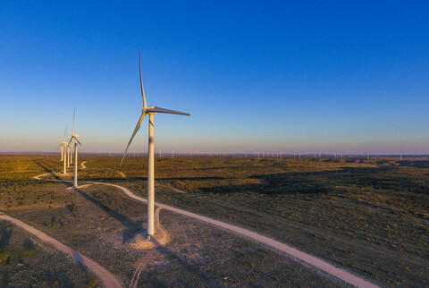 Windmühlen auf einem Feld vor blauem Himmel, lizenzfreies Stockfoto