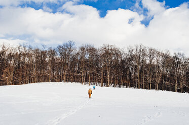 Rear view of siblings walking on snow covered field against cloudy sky in forest - CAVF51706