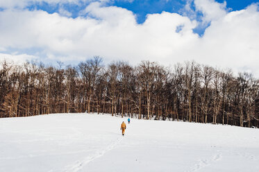 Rückansicht von Geschwistern, die auf einem schneebedeckten Feld gegen einen bewölkten Himmel im Wald laufen - CAVF51706