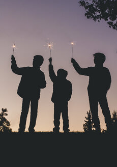 Silhouette Brüder halten Wunderkerzen gegen klaren Himmel in der Abenddämmerung - CAVF52229