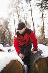 Low angle view of carpenter standing by snow covered fallen trees in backyard - CAVF52251