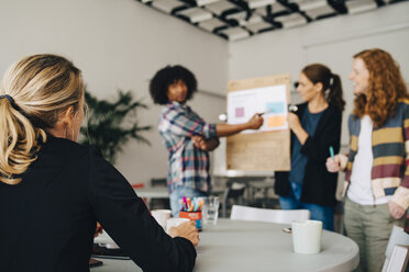 Female manager looking at confident technicians explaining strategy on placard in creative office - MASF09354