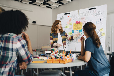 Selbstbewusste Geschäftsfrau erklärt Technikern den Plan zur Bewirtschaftung von Kunststoffabfällen am Whiteboard im Kreativbüro - MASF09364