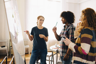 Confident businesswoman discussing project over whiteboard with technicians at creative office - MASF09365