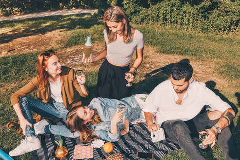 Hohe Winkel Ansicht der jungen multiethnischen Freunde genießen Picknick im Sommer im Hinterhof - MASF09591
