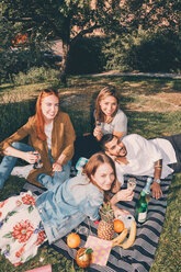 Hochwinkliges Porträt junger multiethnischer Freunde beim Sommerpicknick im Hinterhof - MASF09593