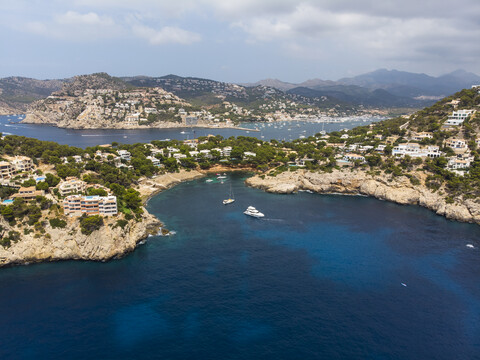 Spain, Mallorca, Aerial view of Cala LLamp and Cala Marmassen, villas stock photo