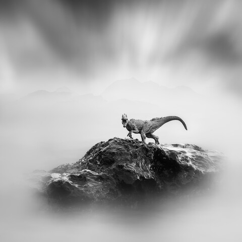 Ein Spielzeug-Dinosaurier auf einem Stein, schwarz-weiß, Langzeitbelichtung, lizenzfreies Stockfoto