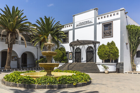 Spain, Balearic Islands, Lanzarote, San Bartalome, city theater and fountain stock photo