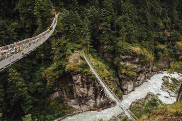 High angle view of footbridges over river amidst mountain at Sagarmatha National Park - CAVF52373