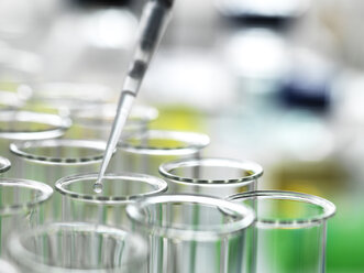 Sample being pipetted into test tube for analysis in laboratory - CAVF52490