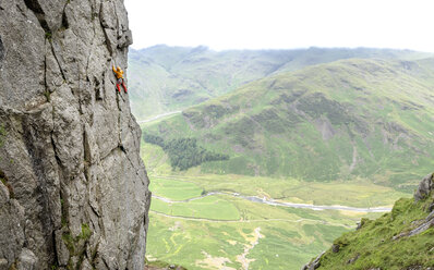 United Kingdom, Lake District, Langdale Valley, Gimmer Crag, climber on rock face - ALRF01357