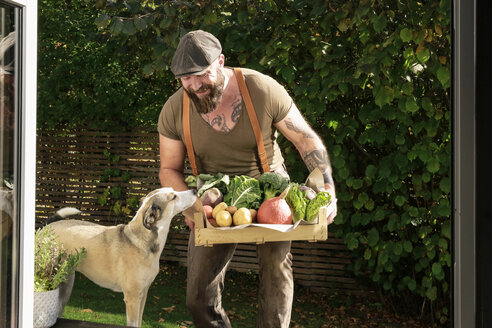 Mature man carrying crate with vegetables in his garden - REAF00385