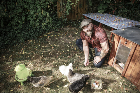 Mann in seinem eigenen Garten, Mann füttert freilaufende Hühner, lizenzfreies Stockfoto