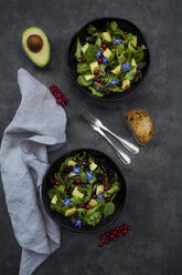 Two bowls of mixed salad with avocado, red currants and borage blossoms - LVF07512