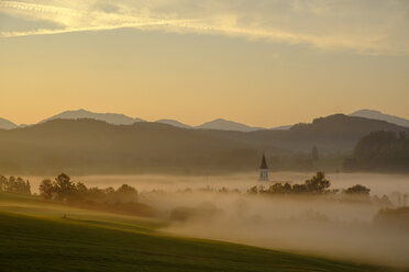 Germany, Pfaffenwinkel, view of landscape at morning mist - LBF02156