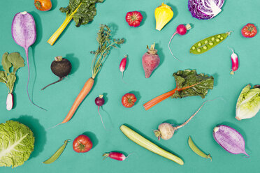 Overhead view of fresh vegetables over turquoise background - CAVF52640