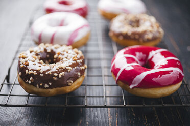 Nahaufnahme von bunten Donuts auf einem Kühlregal aus hohem Winkel - CAVF52695