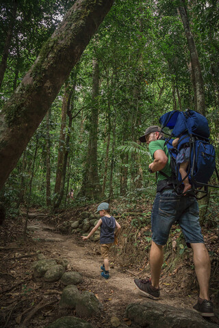 Vater mit Kindern beim Wandern im Wald, lizenzfreies Stockfoto