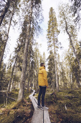 Sweden, Lapland, man wearing windbreaker standing on boardwalk in the woods looking at distance - RSGF00041