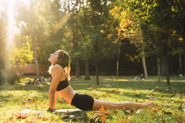 Fit young woman practicing yoga in a park - KKAF02928
