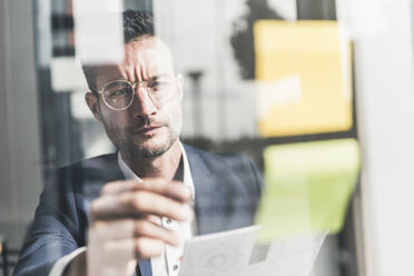 Businessman brainstorming in office, using sticky notes - UUF15787