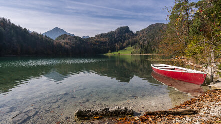 Germany, Bavaria, East Allgaeu, Fuessen, Alatsee, boat at lakeside in autumn - STSF01789