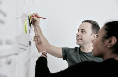 Ein Mann und eine Frau besprechen ihre Arbeit und machen sich Notizen auf einem Whiteboard. in einem Büro. - MINF09140