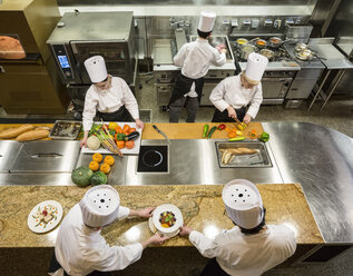 Blick auf ein Team von Köchen, die in einer Großküche arbeiten, - MINF09218
