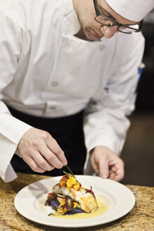 A Caucasian male chef putting the finishing touches on a plate of fish in a commercial kitchen. - MINF09295