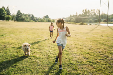 Girls running through field with labradoodle puppy - MINF09435