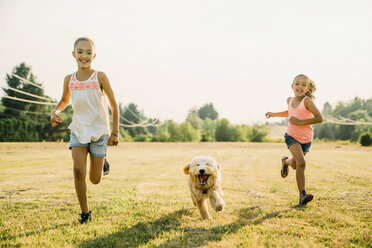 Girls running through field with labradoodle puppy - MINF09437