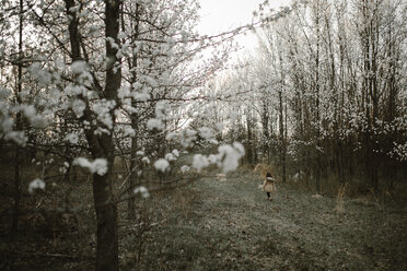 Hohe Winkel Ansicht von Mädchen zu Fuß auf grasbewachsenen Feld im Wald im Winter - CAVF53355