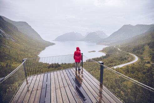 Norwegen, Senja, Rückansicht eines Mannes, der auf einer Aussichtsplattform an der Küste steht - RSGF00083