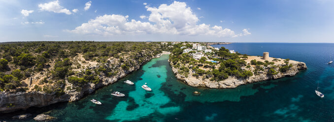 Spain, Balearic Islands, Mallorca, Llucmajor, Aerial view of bay of Cala Pi and Torre de Cala Pi - AMF06157