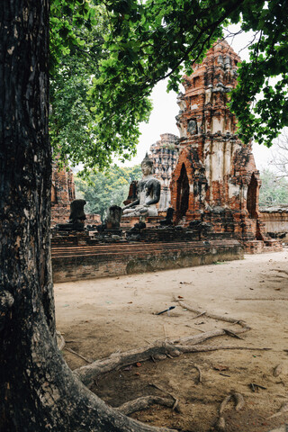 Thailand, Ayutthaya, Buddha-Statue umgeben von Backsteinpagoden im Wat Mahathat, lizenzfreies Stockfoto