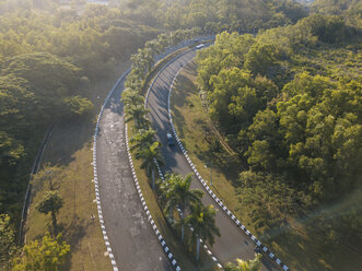 Blick von oben auf eine Straße inmitten von Bäumen an einem sonnigen Tag - CAVF53425