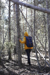 Rückansicht einer jungen Frau mit gelbem Pullover und blauer Tasche im Wald, auf Erkundungstour - GRSF00006