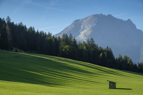 Deutschland, Bayern, Berchtesgadener Land, Berchtesgadener Alpen, Hochschwarzeck bei Ramsau, Watzmann im Hintergrund, lizenzfreies Stockfoto